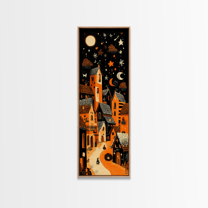 Candy Corn Village, Linocut Halloween Art, Tall Narrow Wall Art, Framed Canvas Print, Cute Halloween Wall Art