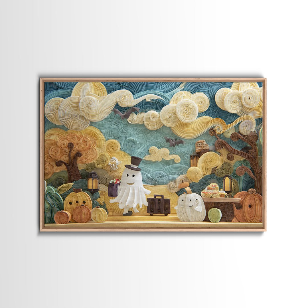 The Friendly Ghost Hotel, Quilled Halloween Art, Landscape Wall Art, Framed Canvas Print, Cute Halloween Wall Art