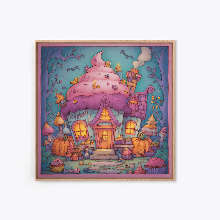 The Witch'S Cupcake Cottage, Stained Glass Halloween, Square Wall Art, Canvas Print, Cute Halloween Wall Art