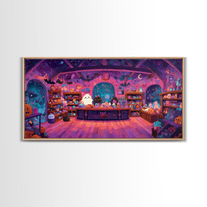 The Moonlight Toy Shop, Vaporwave Halloween Art, Wide Panoramic Art, Framed Canvas Print, Cute Halloween Wall Art