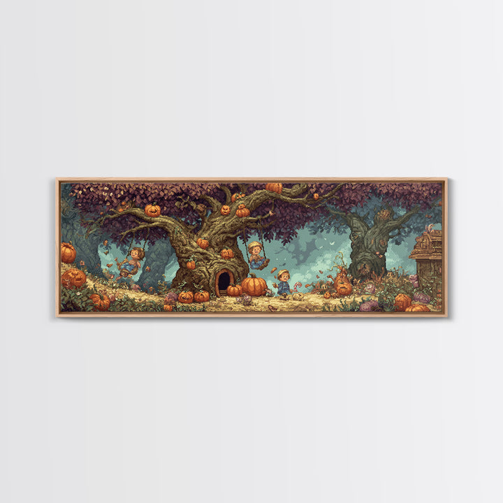 The Pumpkin Patch Playground, Pixel Halloween Art, Extra Wide Wall Art, Canvas Print, Cute Halloween Wall Art