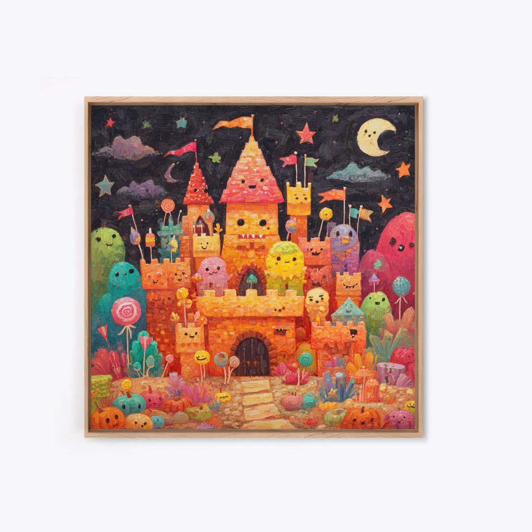 The Candy Castle, Gouache Halloween Art, Square Wall Art, Canvas Print, Cute Halloween Wall Art, Halloween Kids Decor