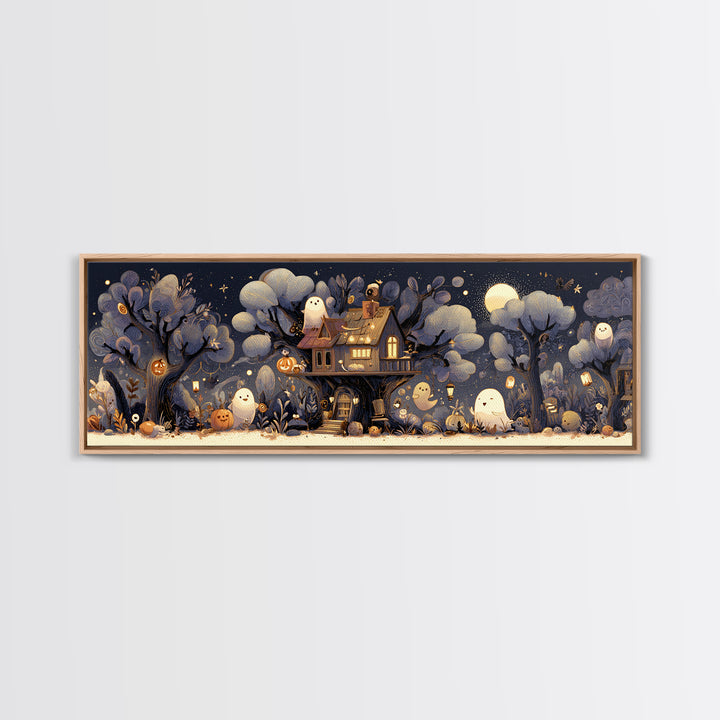 The Ghostly Treehouse, Pastel Halloween Art, Extra Wide Wall Art, Canvas Print, Cute Halloween Wall Art