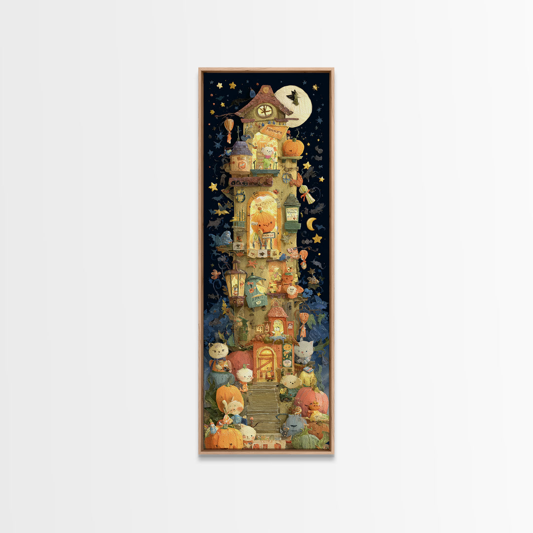 The Pumpkin Train Station, Paper Collage Halloween, Tall Narrow Wall Art, Framed Canvas Print, Cute Halloween Wall Art
