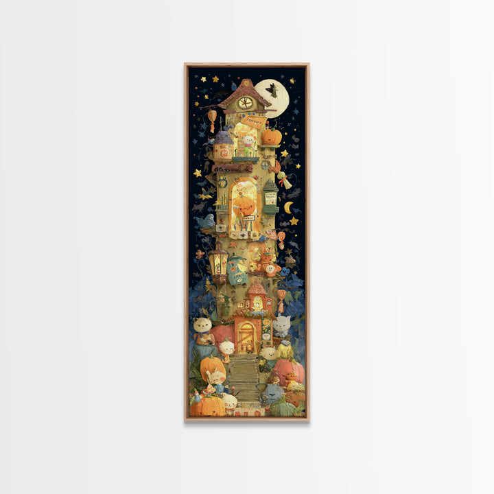 The Pumpkin Train Station, Paper Collage Halloween, Tall Narrow Wall Art, Framed Canvas Print, Cute Halloween Wall Art