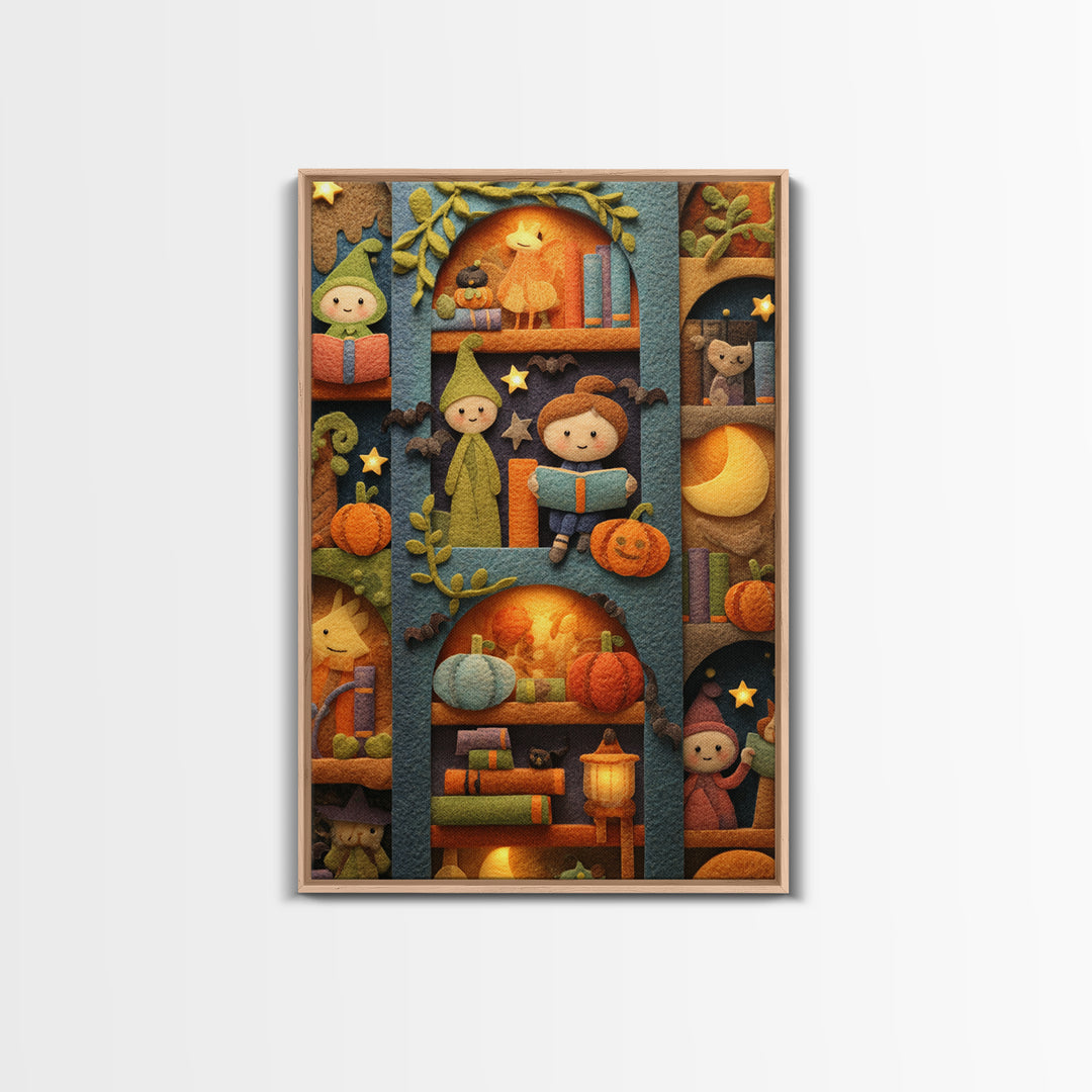 The Moonbeam Library, Felt Halloween Art, Vertical Wall Art, Canvas Print, Cute Halloween Wall Art, Whimsical Nursery Decor