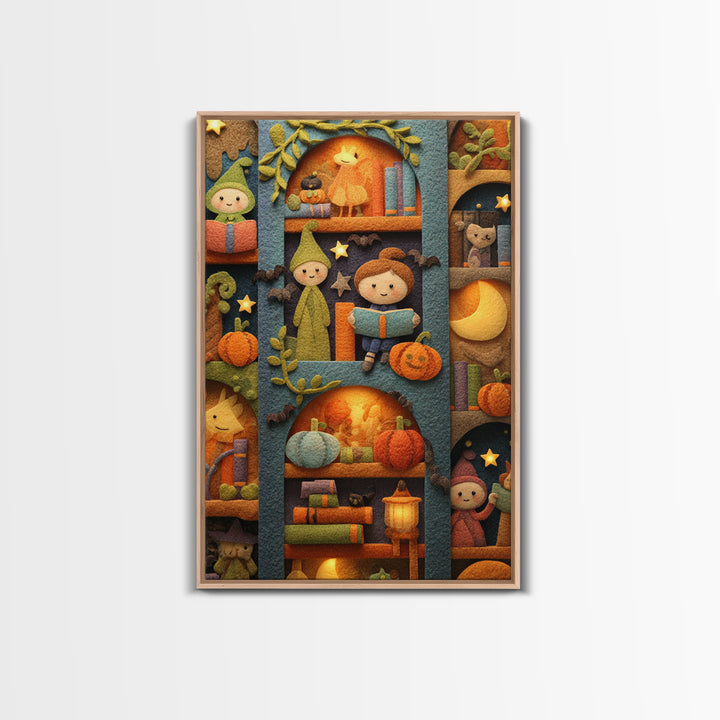 The Moonbeam Library, Felt Halloween Art, Vertical Wall Art, Canvas Print, Cute Halloween Wall Art, Whimsical Nursery Decor