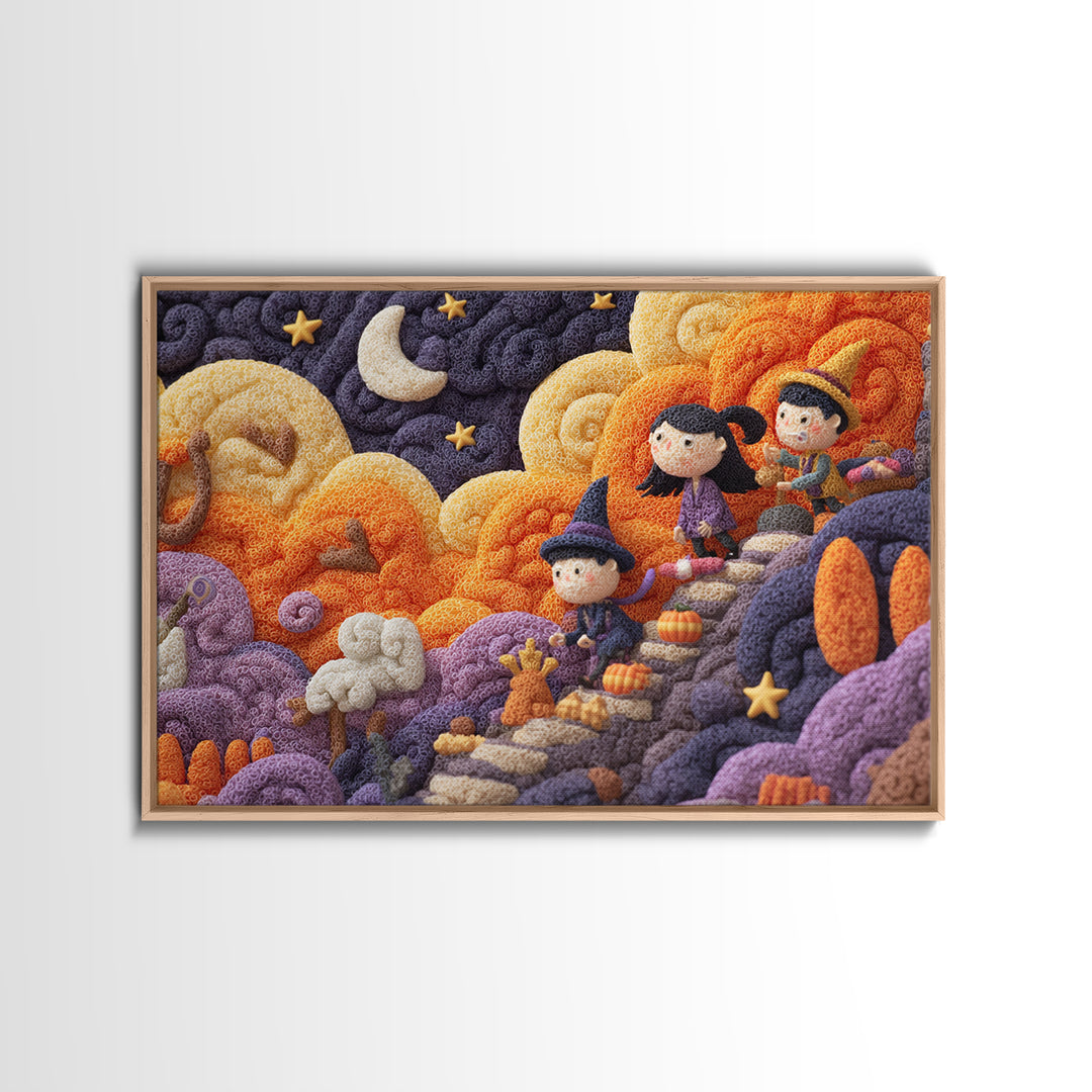 The Halloween Cloud Kingdom, Clay Halloween Art, Landscape Wall Art, Framed Canvas Print, Cute Halloween Wall Art