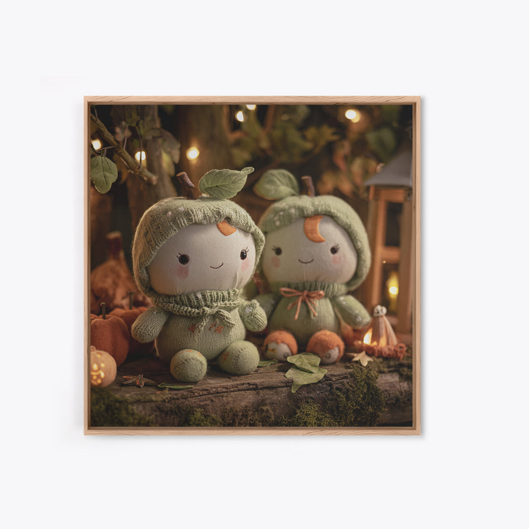 The Enchanted Apple Orchard, Plush Halloween Art, Square Wall Art, Canvas Print, Cute Halloween Wall Art