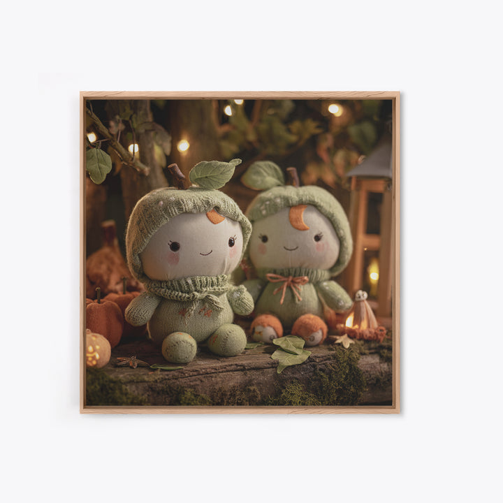 The Enchanted Apple Orchard, Plush Halloween Art, Square Wall Art, Canvas Print, Cute Halloween Wall Art