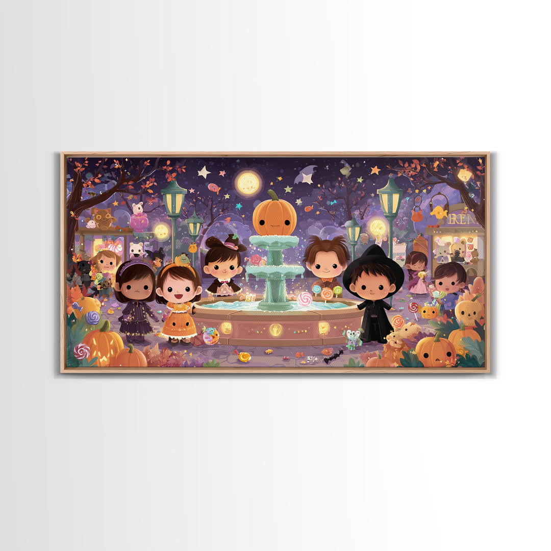 The Trick-Or-Treat Village Square, Kawaii Halloween Art, Wide Panoramic Art, Framed Canvas Print, Cute Halloween Wall Art