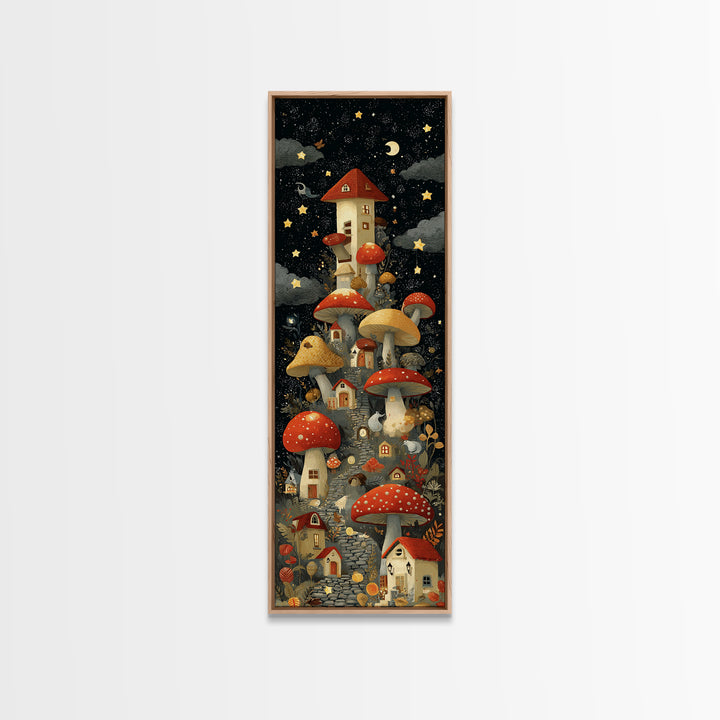 The Lantern-Lit Mushroom Village, Screenprint Halloween Art, Tall Narrow Wall Art, Framed Canvas Print, Cute Halloween Wall Art