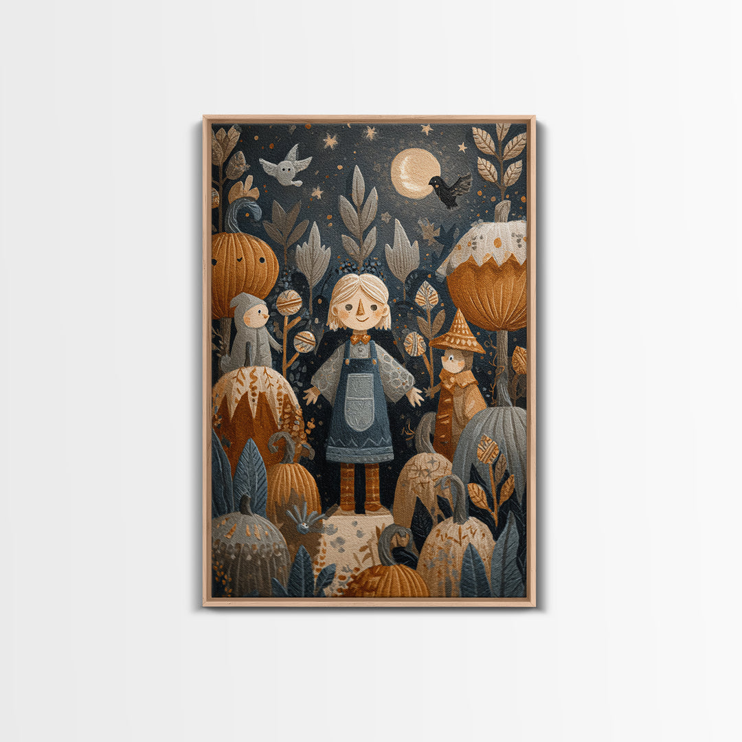 The Starry Pumpkin Farm, Folk Halloween Art, Vertical Wall Art, Canvas Print, Cute Halloween Wall Art