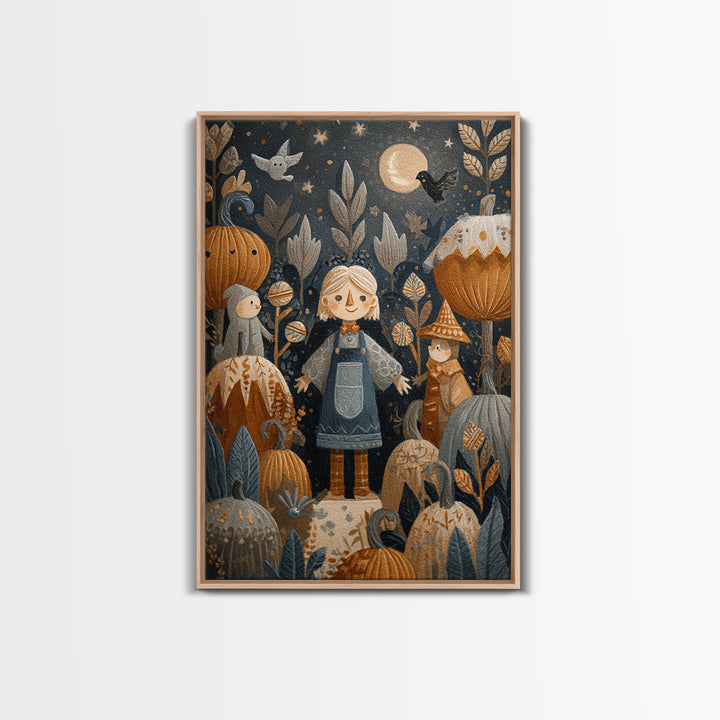 The Starry Pumpkin Farm, Folk Halloween Art, Vertical Wall Art, Canvas Print, Cute Halloween Wall Art