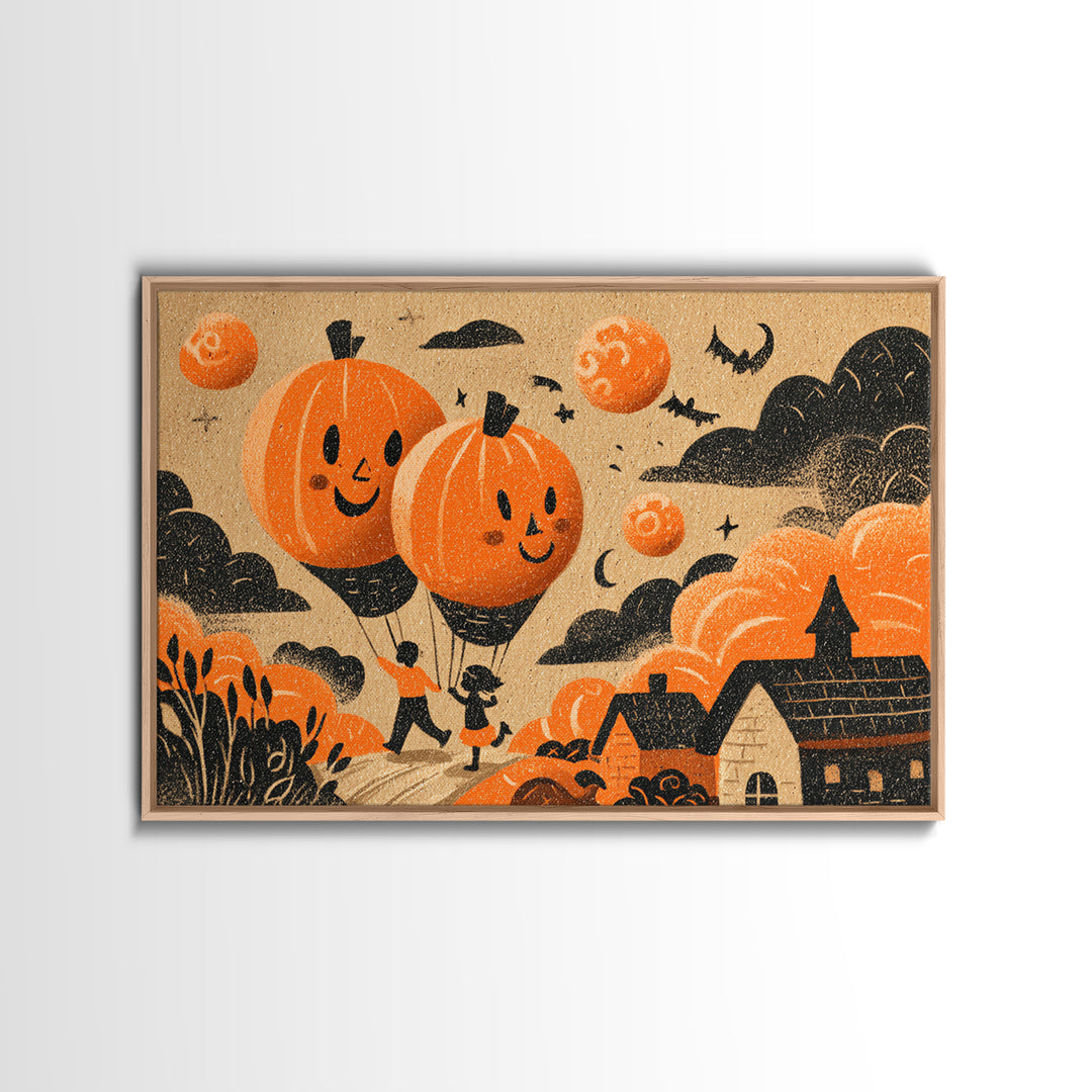 The Pumpkin Balloon Parade, Linocut Halloween Art, Landscape Wall Art, Framed Canvas Print, Cute Halloween Wall Art