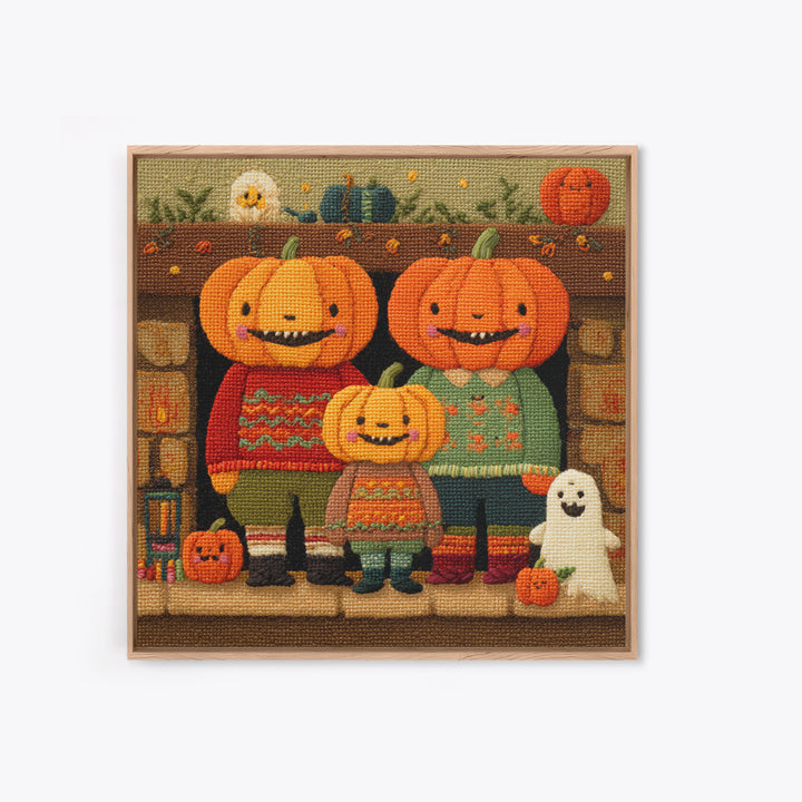 The Pumpkin Family Portrait, Embroidered Halloween Art, Square Wall Art, Canvas Print, Cute Halloween Wall Art