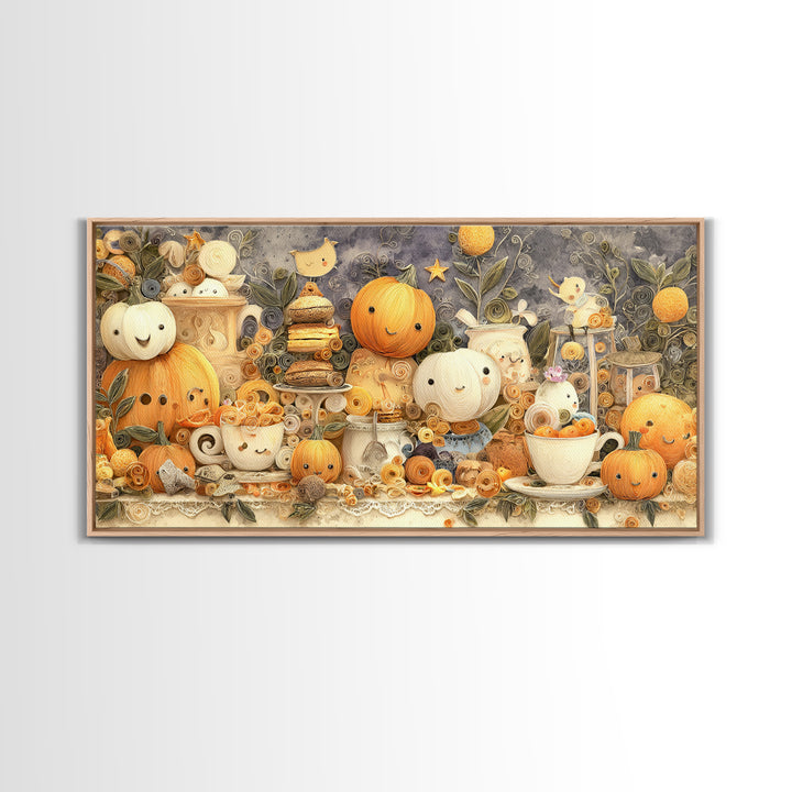 The Pumpkin Tea Party, Quilled Halloween Art, Wide Panoramic Art, Framed Canvas Print, Cute Halloween Wall Art