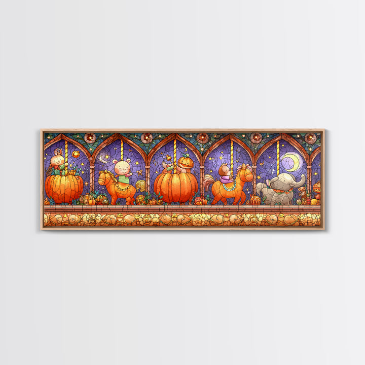 The Pumpkin Carousel, Stained Glass Halloween, Extra Wide Wall Art, Canvas Print, Cute Halloween Wall Art
