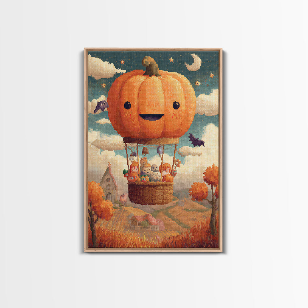 The Pumpkin Hot-Air Balloon, Pixel Halloween Art, Vertical Wall Art, Canvas Print, Cute Halloween Wall Art