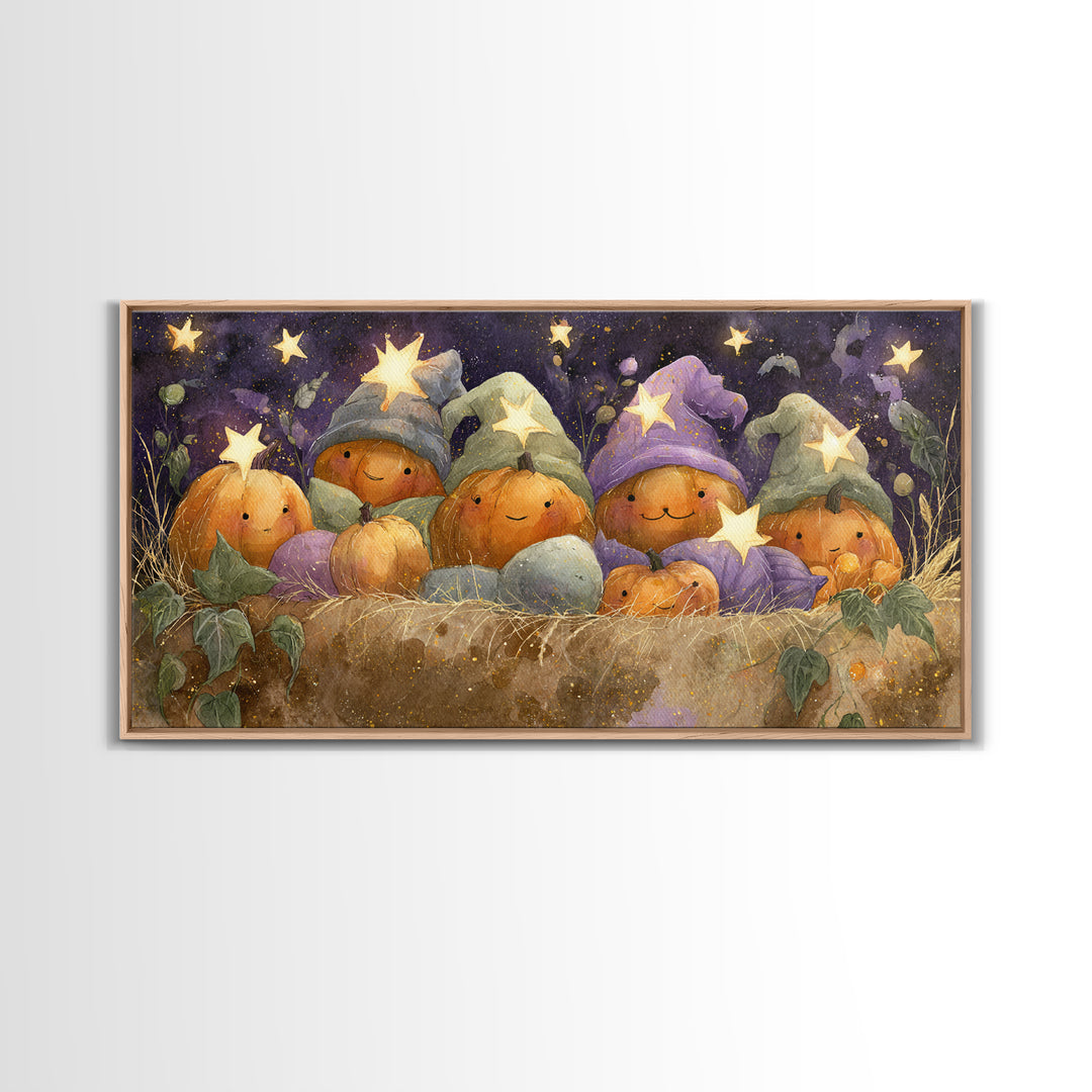 The Pumpkin Pajama Party, Watercolor Halloween Art, Wide Panoramic Art, Framed Canvas Print, Cute Halloween Wall Art