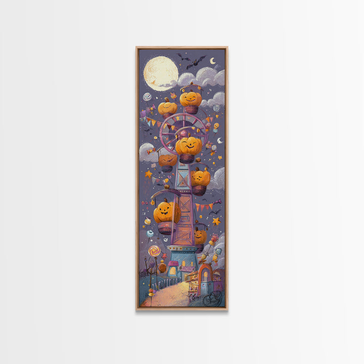 The Pumpkin Ferris Wheel, Crayon Halloween Art, Tall Narrow Wall Art, Framed Canvas Print, Cute Halloween Wall Art