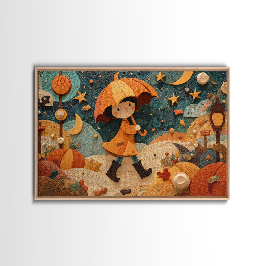 The Pumpkin Umbrella, Paper Collage Halloween, Landscape Wall Art, Framed Canvas Print, Cute Halloween Wall Art