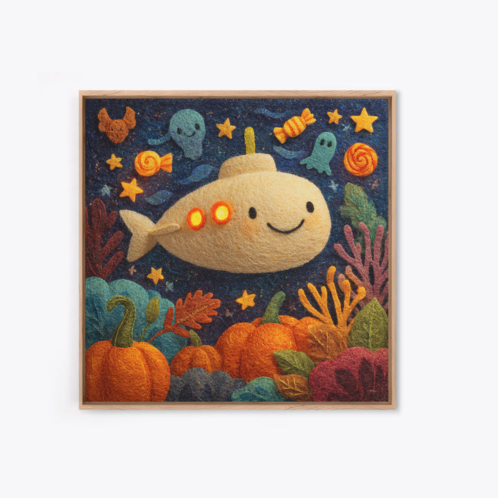 The Pumpkin Submarine, Felt Halloween Art, Square Wall Art, Canvas Print, Cute Halloween Wall Art, Halloween Kids Decor