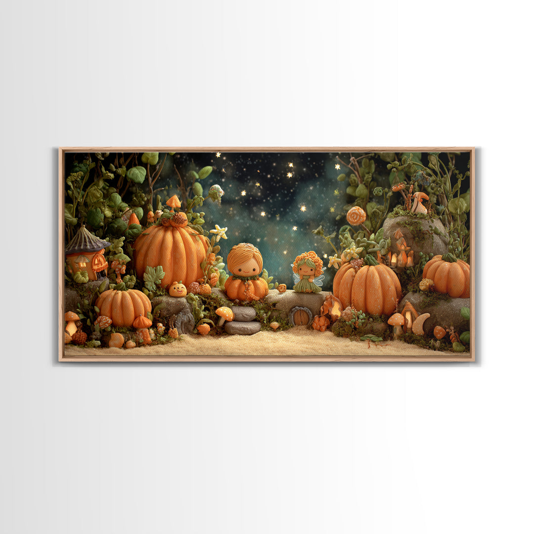 The Pumpkin Fairy Garden, Clay Halloween Art, Wide Panoramic Art, Framed Canvas Print, Cute Halloween Wall Art