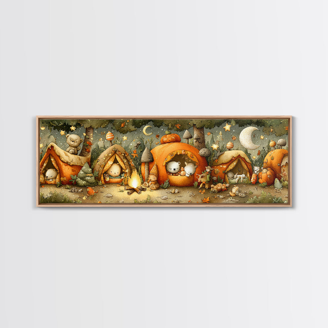 The Pumpkin Campout, Plush Halloween Art, Extra Wide Wall Art, Canvas Print, Cute Halloween Wall Art