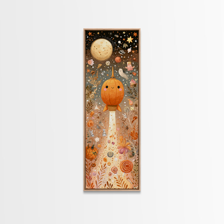 The Pumpkin Rocket Ship, Kawaii Halloween Art, Tall Narrow Wall Art, Framed Canvas Print, Cute Halloween Wall Art