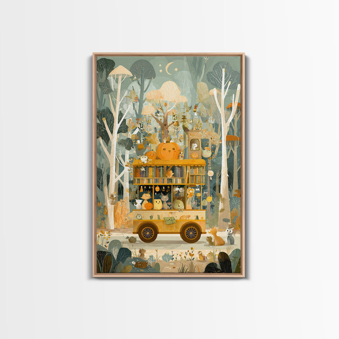 The Pumpkin Bookmobile, Retro Halloween Art, Vertical Wall Art, Canvas Print, Cute Halloween Wall Art