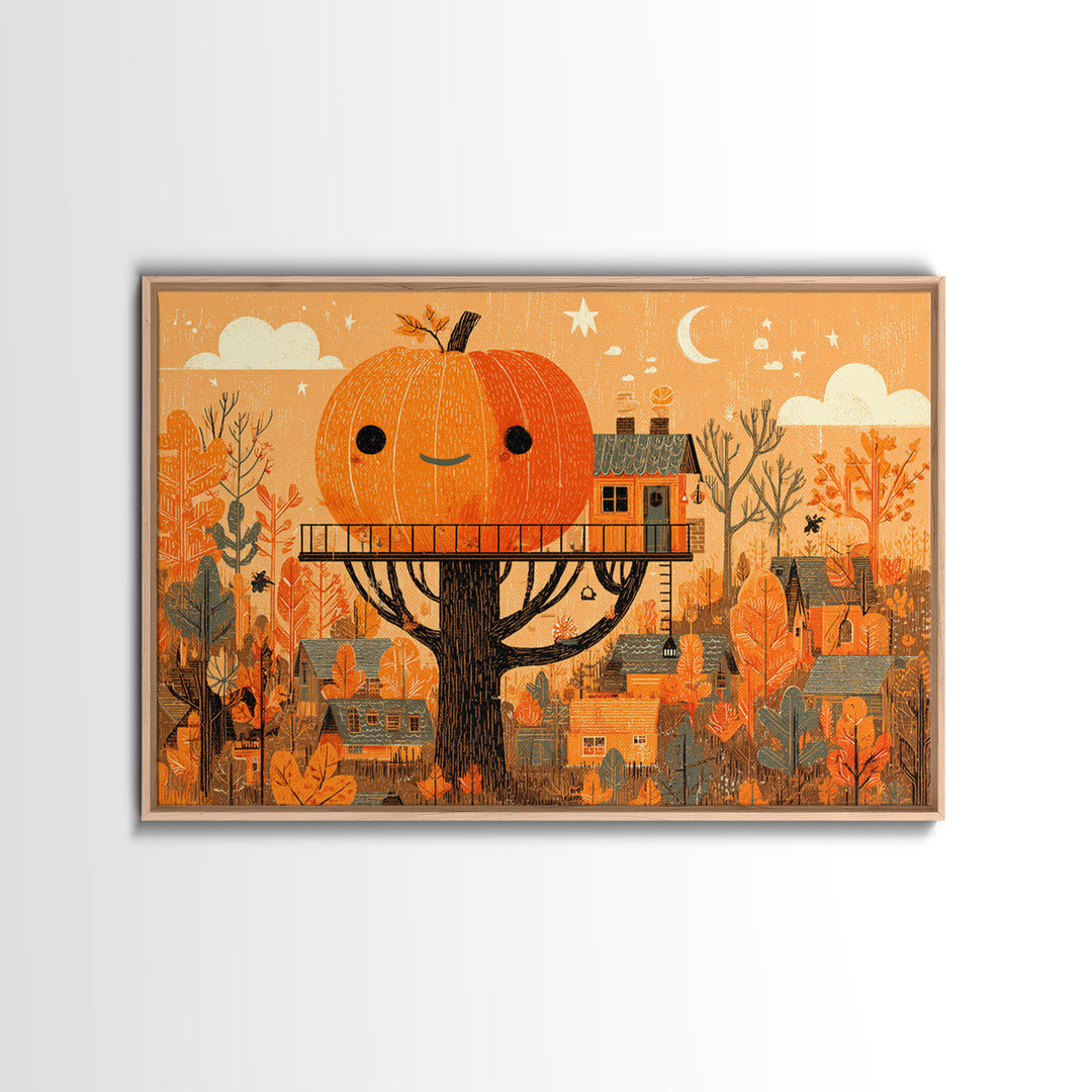 The Pumpkin Treehouse, Screenprint Halloween Art, Landscape Wall Art, Framed Canvas Print, Cute Halloween Wall Art