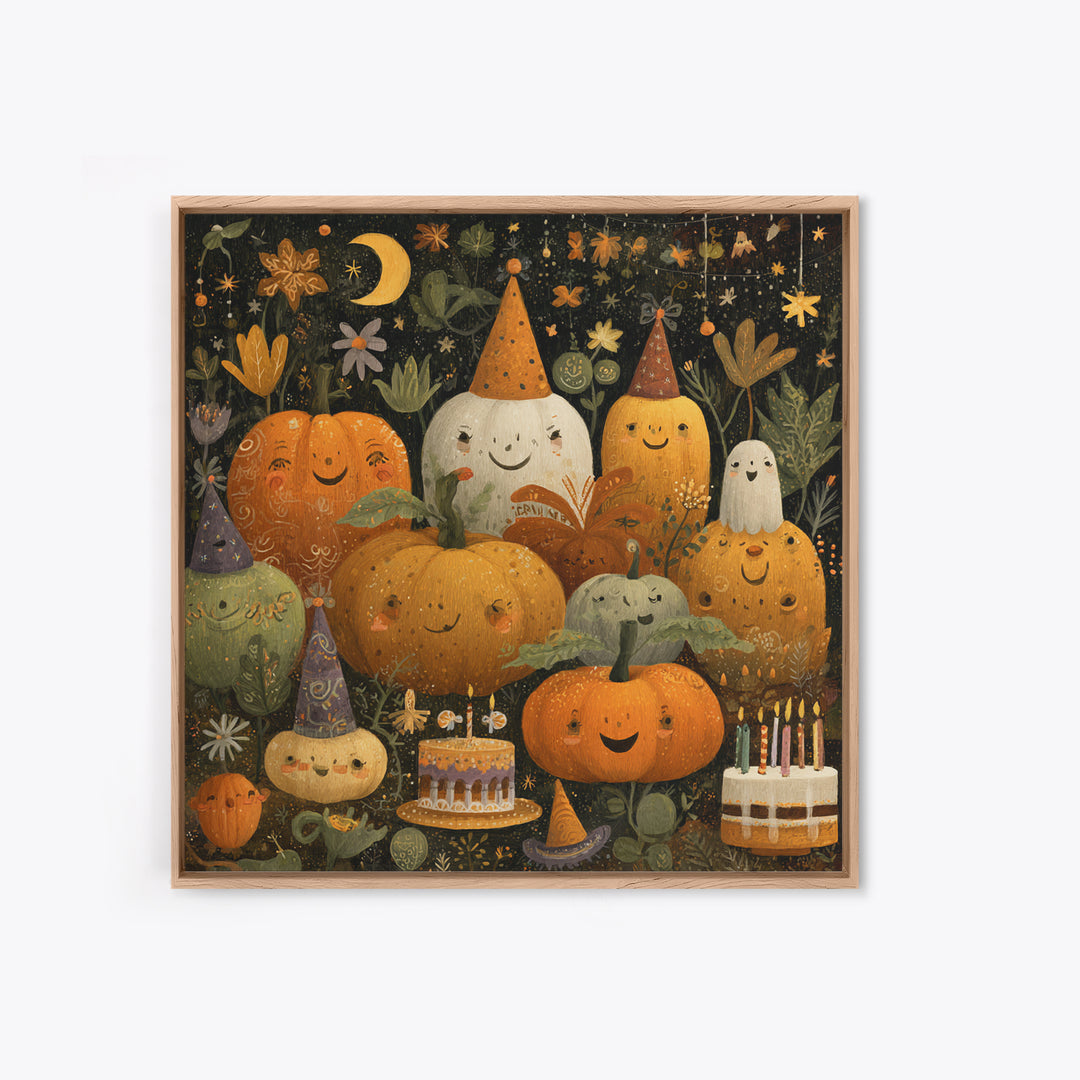 The Great Pumpkin Birthday Party, Folk Halloween Art, Square Wall Art, Canvas Print, Cute Halloween Wall Art