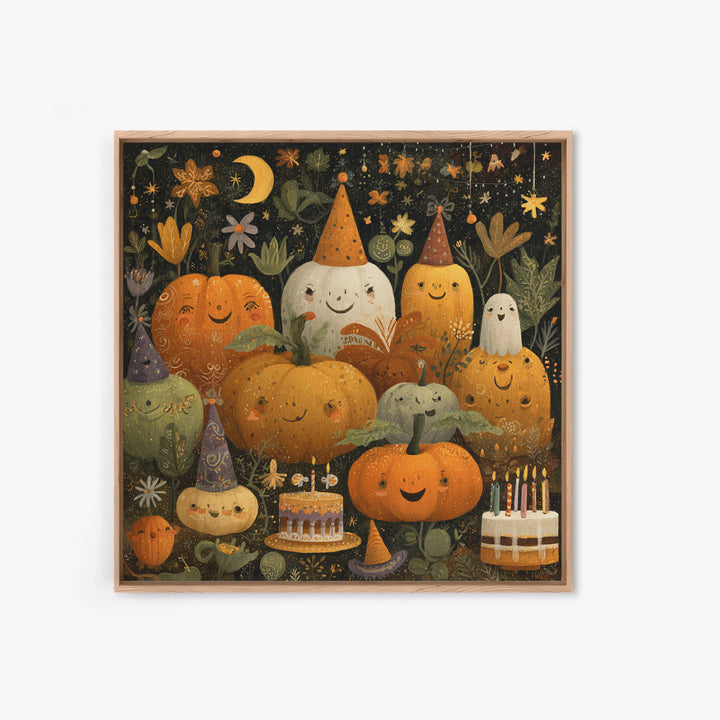 The Great Pumpkin Birthday Party, Folk Halloween Art, Square Wall Art, Canvas Print, Cute Halloween Wall Art