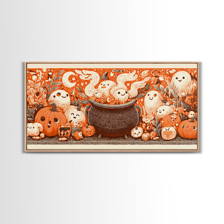 The Cookie Cauldron, Linocut Halloween Art, Wide Panoramic Art, Framed Canvas Print, Cute Halloween Wall Art