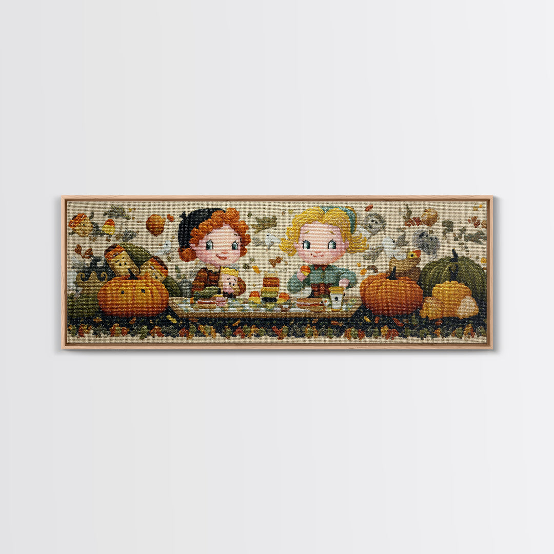 The Candy Corn Picnic, Embroidered Halloween Art, Extra Wide Wall Art, Canvas Print, Cute Halloween Wall Art