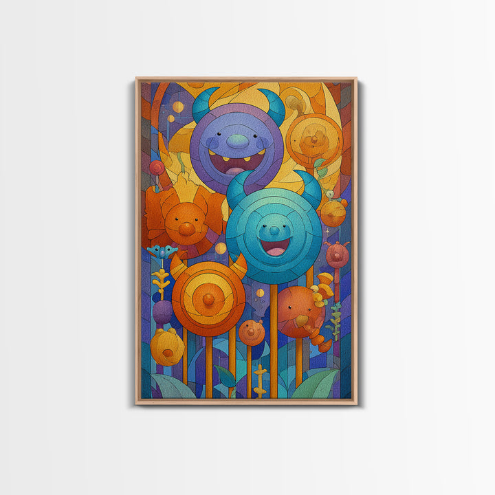The Friendly Lollipop Monsters, Stained Glass Halloween, Vertical Wall Art, Canvas Print, Cute Halloween Wall Art