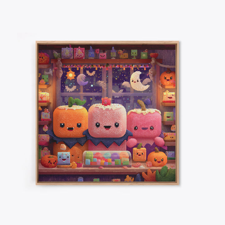 The Donut Vampire Family, Pixel Halloween Art, Square Wall Art, Canvas Print, Cute Halloween Wall Art