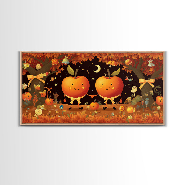 The Caramel Apple Friends, Vector Halloween Art, Wide Panoramic Art, Framed Canvas Print, Cute Halloween Wall Art