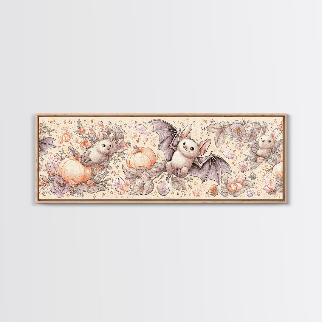 The Gummy Bat Garden, Hand Sketch Halloween Art, Extra Wide Wall Art, Canvas Print, Cute Halloween Wall Art