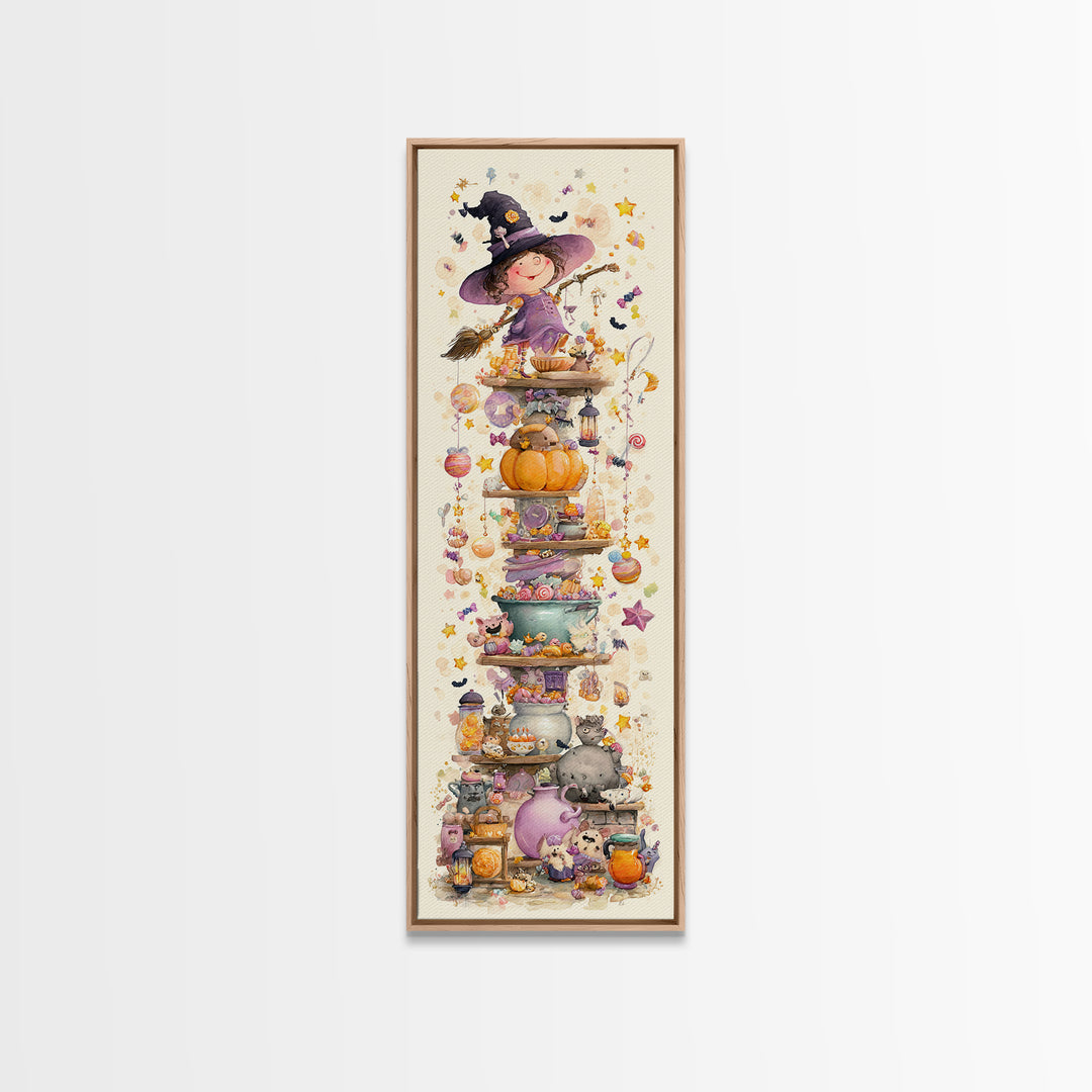 The Candy Witch'S Kitchen, Watercolor Halloween Art, Tall Narrow Wall Art, Framed Canvas Print, Cute Halloween Wall Art