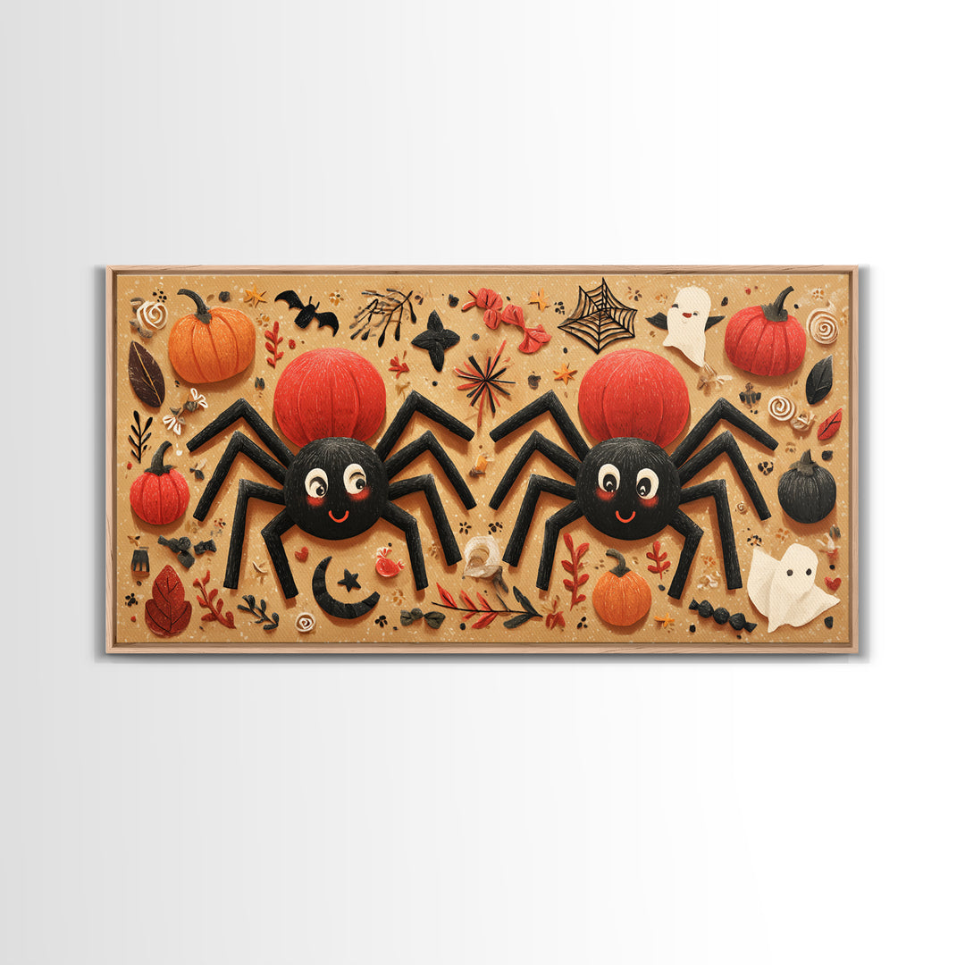 The Licorice Spider Family, Paper Collage Halloween, Wide Panoramic Art, Framed Canvas Print, Cute Halloween Wall Art