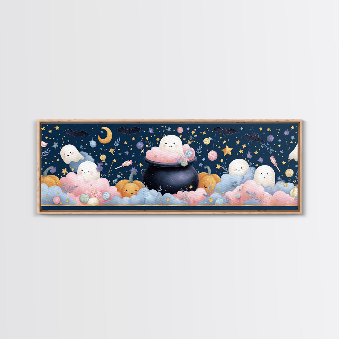The Cotton-Candy Cauldron, Felt Halloween Art, Extra Wide Wall Art, Canvas Print, Cute Halloween Wall Art