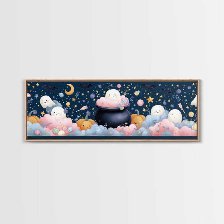The Cotton-Candy Cauldron, Felt Halloween Art, Extra Wide Wall Art, Canvas Print, Cute Halloween Wall Art
