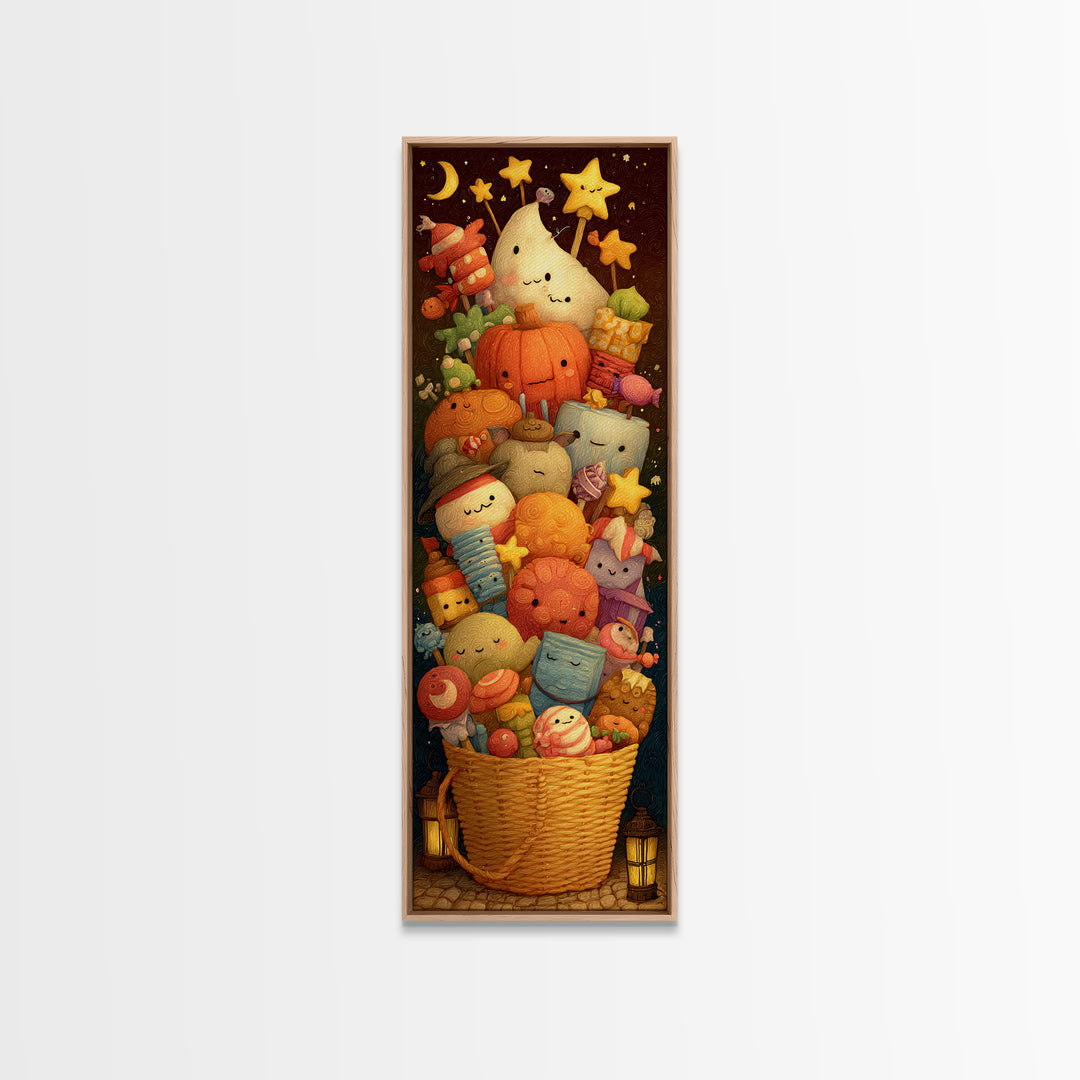 The Candy Basket Sleepover, Clay Halloween Art, Tall Narrow Wall Art, Framed Canvas Print, Cute Halloween Wall Art