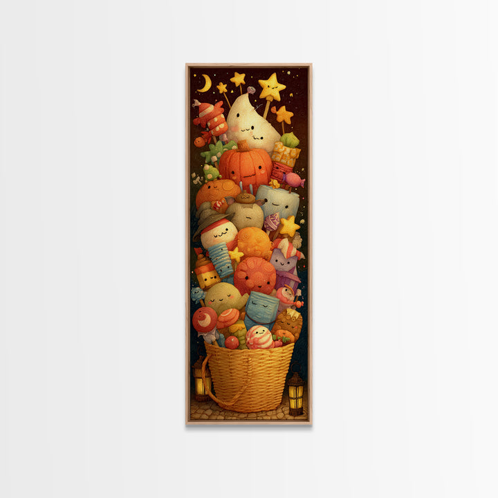 The Candy Basket Sleepover, Clay Halloween Art, Tall Narrow Wall Art, Framed Canvas Print, Cute Halloween Wall Art