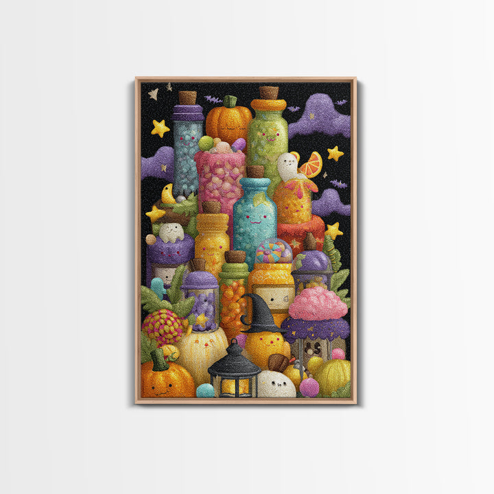 The Jellybean Potion Shop, Plush Halloween Art, Vertical Wall Art, Canvas Print, Cute Halloween Wall Art