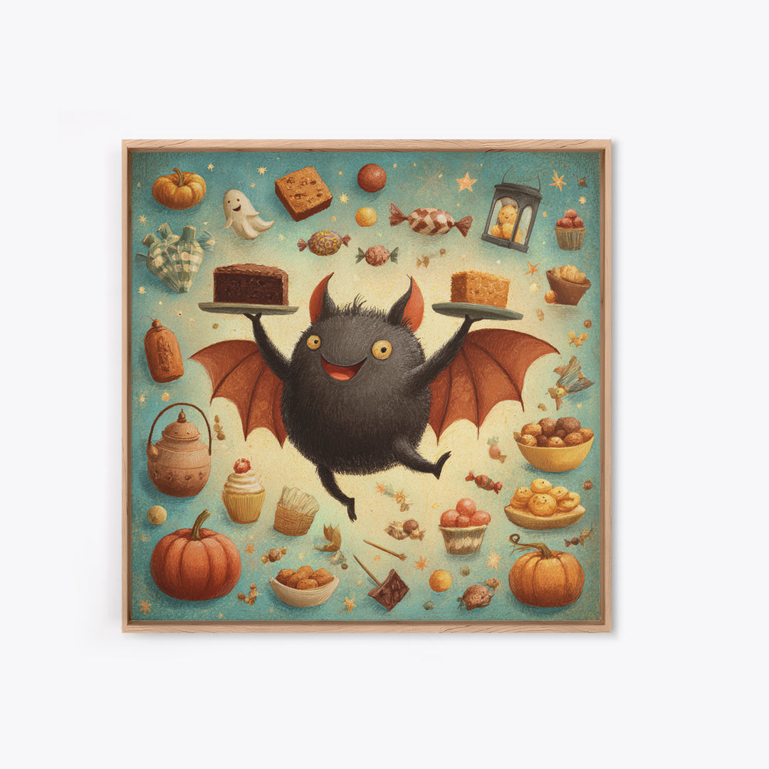 The Brownie Bat Bakery, Retro Halloween Art, Square Wall Art, Canvas Print, Cute Halloween Wall Art, Halloween Kids Decor