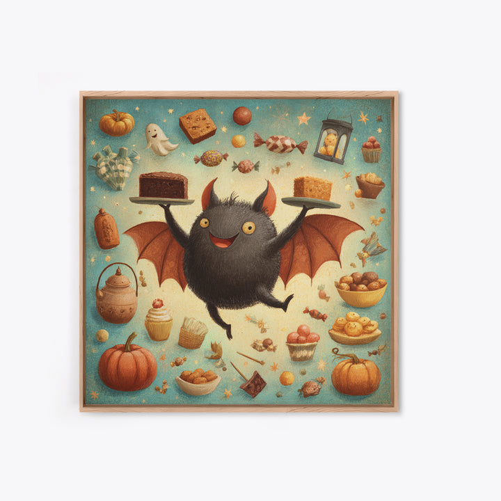 The Brownie Bat Bakery, Retro Halloween Art, Square Wall Art, Canvas Print, Cute Halloween Wall Art, Halloween Kids Decor