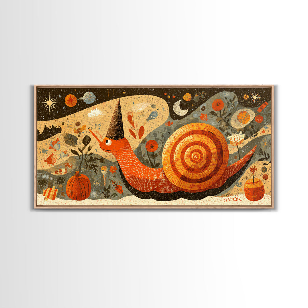 The Cinnamon-Roll Snail Witch, Screenprint Halloween Art, Wide Panoramic Art, Framed Canvas Print, Cute Halloween Wall Art